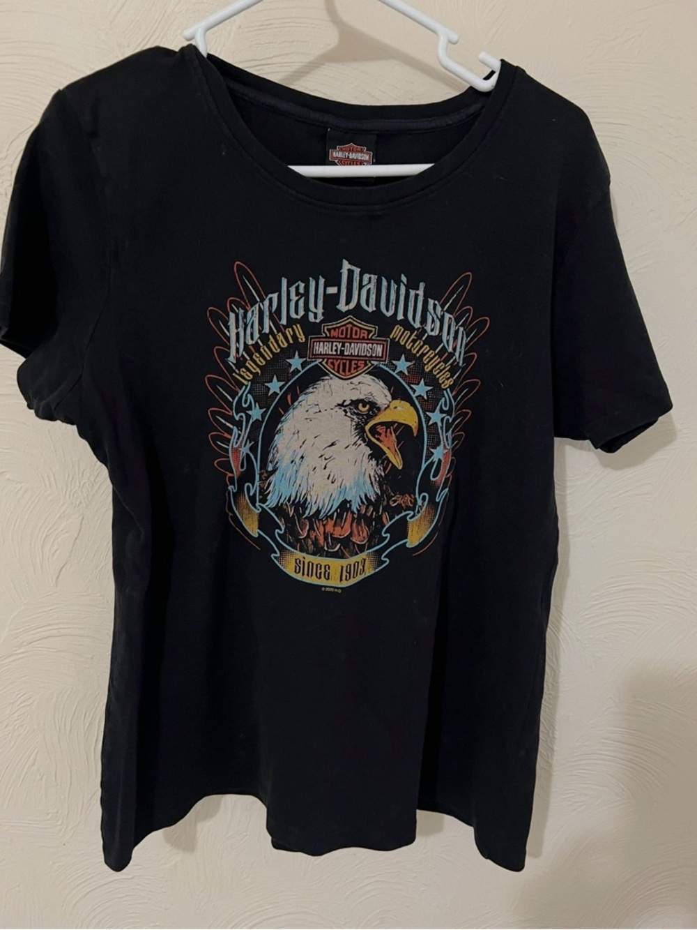 Harley-Davidson Black Tee with Eagle Graphic and Blue, Yellow, Orange Accents